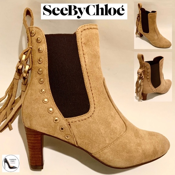 See by Chloé Medium Beige Tan Suede Tasseled Studded Bootie Nude Ankle Boot 36.5 - Picture 1 of 11